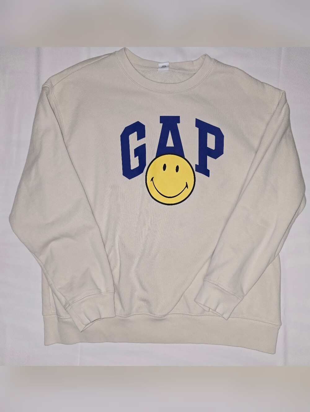 GAP Smiley Originals Cream Sweatshirt with Blue Logo and Yellow Smiley - Picture 3 of 13